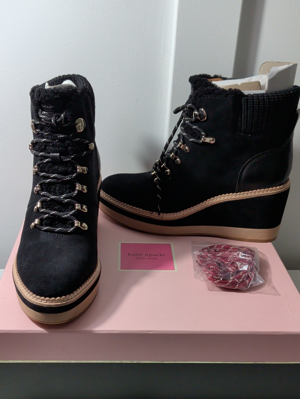 Kate Spade NIB 10 Wedge Booties Blk/Leather &Suede